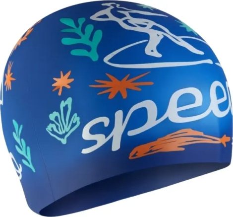 Шапочка для плавання дитяча Speedo SLOGAN PRT CAP JU/JF/JM синьо-помаранчево-бірюзово-біла 8-0838616700