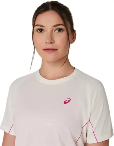 Футболка для тенниса женская Asics GAME ALL OVER PRINT SS TOP бежево-розовая 2042A385-100