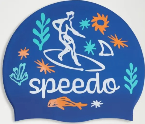 Шапочка для плавання дитяча Speedo SLOGAN PRT CAP JU/JF/JM синьо-помаранчево-бірюзово-біла 8-0838616700