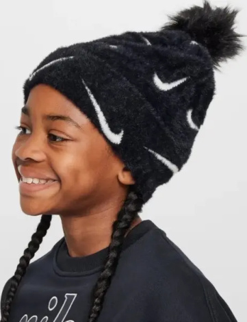 Шапка подростковая Nike PEAK POM BEANIE черно-белая FZ3062-010