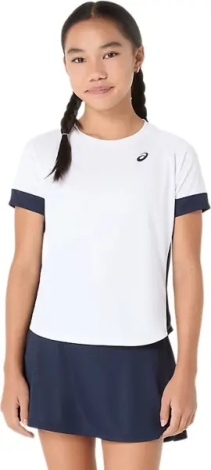 Футболка для тенісу дитяча Asics GIRLS TENNIS SS TOP біло-темно-синя 2044A045-101