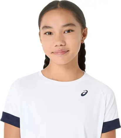 Футболка для тенісу дитяча Asics GIRLS TENNIS SS TOP біло-темно-синя 2044A045-101